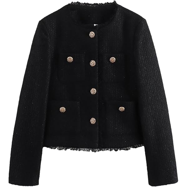 Amazon.com: Women Tweed Jacket Frayed Cropped Crew Neck Casual